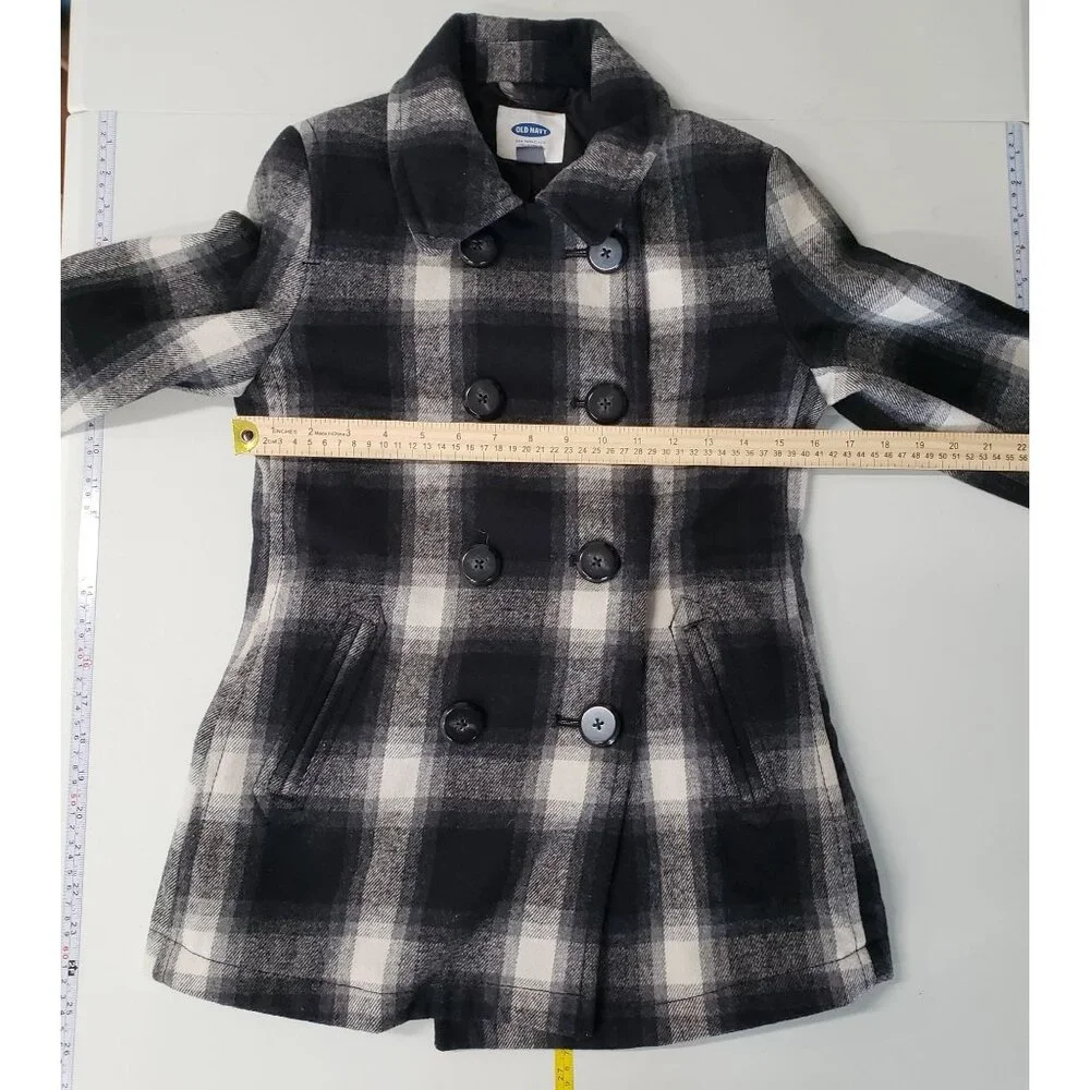 Old Navy XS Plaid Wool Blend Peacoat Black White Check Preppy Winter Warm Casual